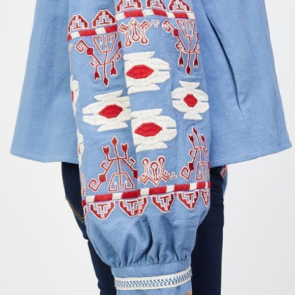 EUC‎ Anthropologie RD + Koko Jacket in Slate Blue w/ Red White Embroidery LARGE - Picture 4 of 4